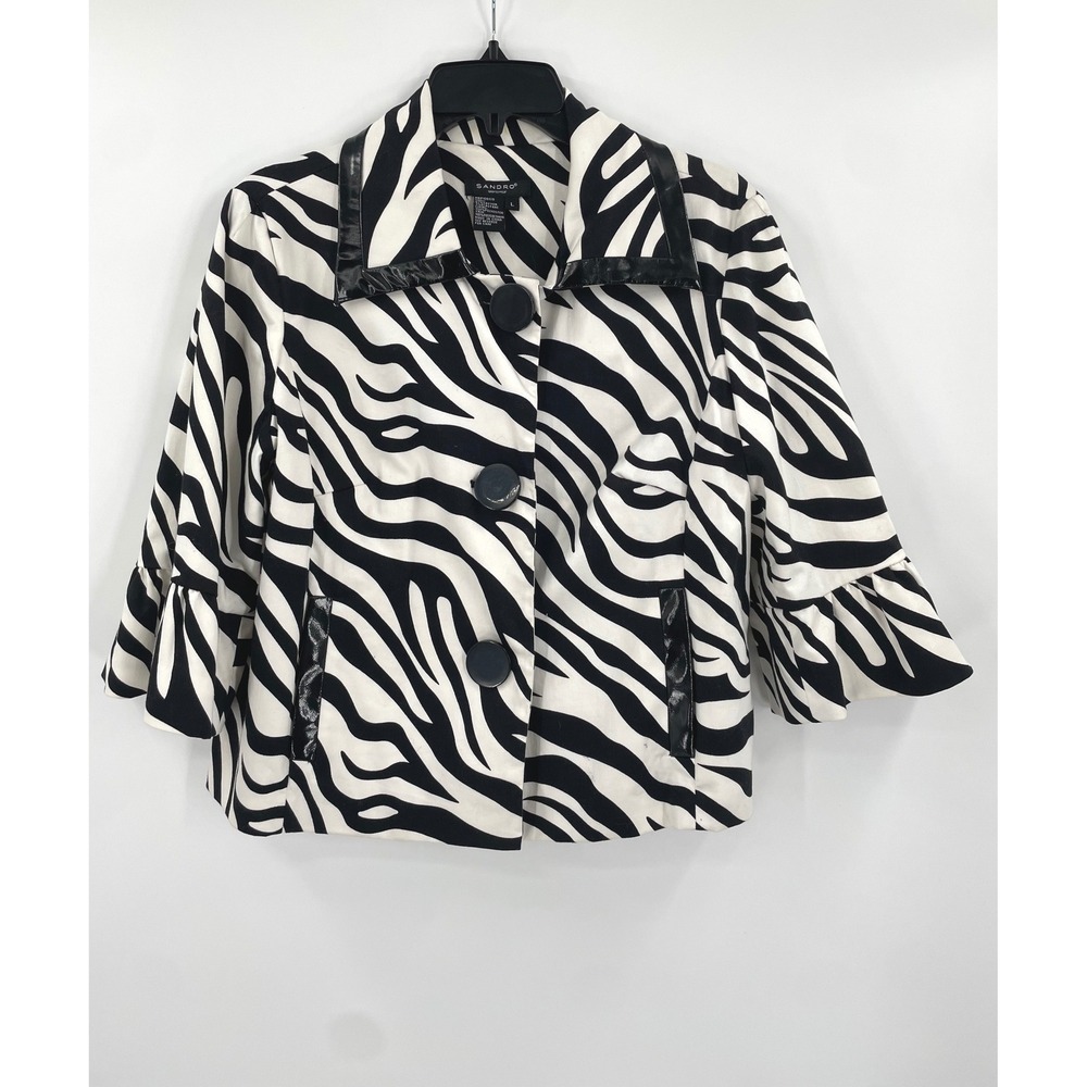 Sandro Sportswear Zebra Jacket Women L Black White Ruffle Sleeve Vintage Y2K